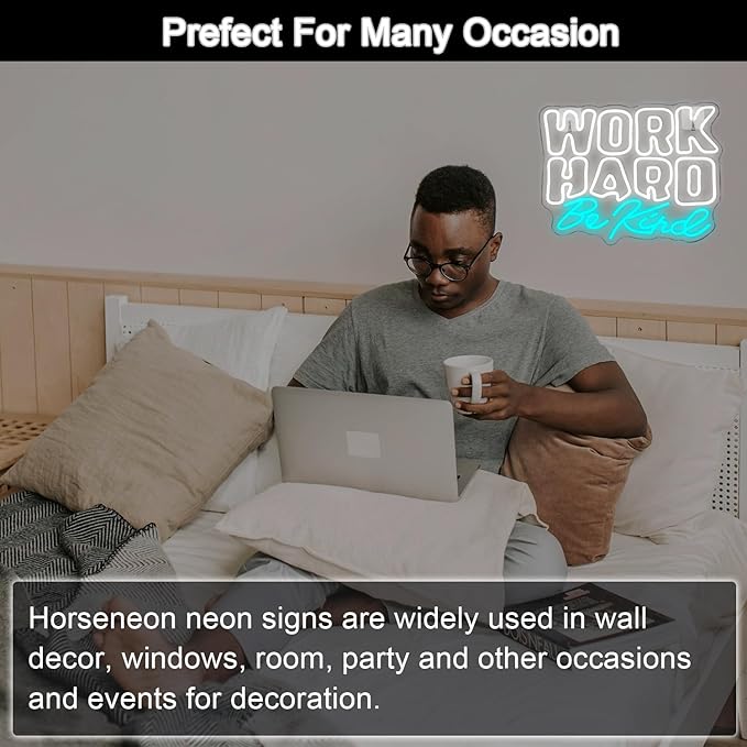 Work Hard Be Kind Neon Sign, Dimmable Neon Signs for Wall Decor, White Blue Neon Light Work Hard USB Led Sign for Office Study Room Classroom Bedroom Meeting Room Decoration
