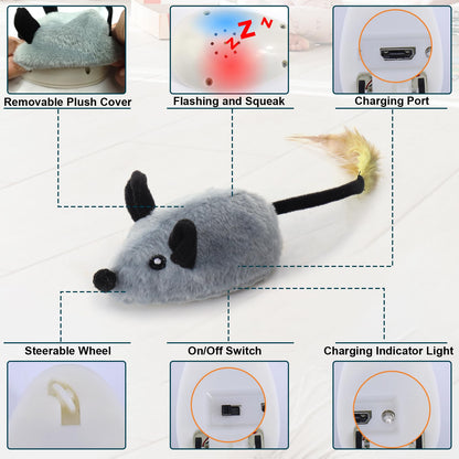 BABORUI Interactive Escaping Mice Squeaky Toys with Lights & Auto-Turn, Rechargeable Moving Toys for Small/Medium/Large Dogs & Cats (Grey)