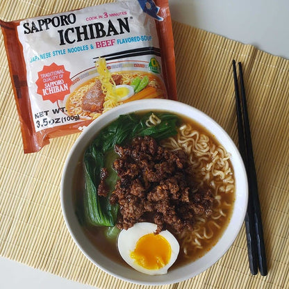 [SAPPORO ICHIBAN] Ramen Noodles, Beef Flavor, No. 1 Tasting Japanese Instant Noodles (3.5 Oz. x 24 packs) | 24 Pack Case