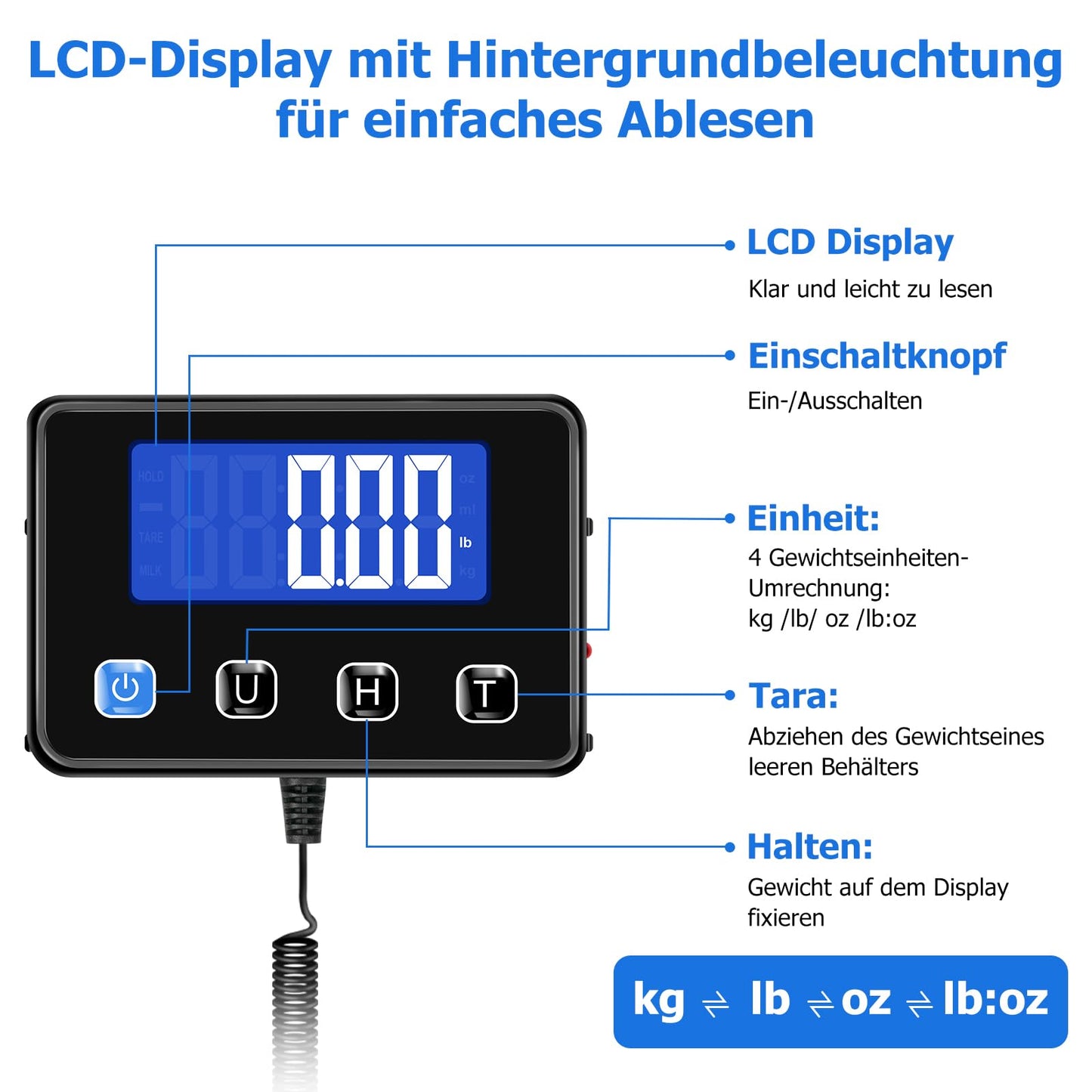 KUAIVO Parcel Scale, High Precision Platform Scales 200 kg/10 g with LCD/Hold/Tare Function, Stainless Steel Postal Scales for Packages, Luggage, Warehouse, Business and Home Use, Rechargeable