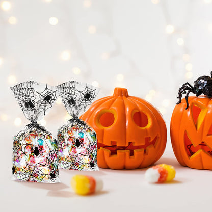 HESTYA 50 Counts 15 x 25 cm Halloween Cellophane Treat Bags Spider Clear Candy Bags with 400 Piece Twist Ties for Halloween Party Favor Supplies