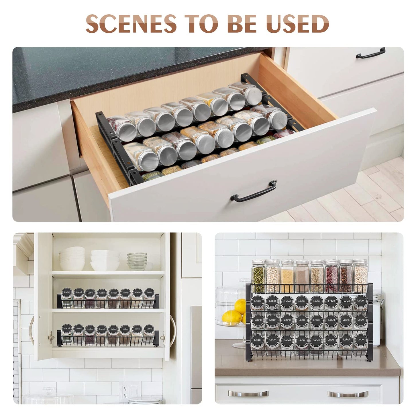 JONYJ 4 Tier Stackable Seasoning Rack Organizer, Detachable Countertop Spice Jar Rack for Cabinet, Freestanding , Black Frosted Iron Kitchen Counter Shelf