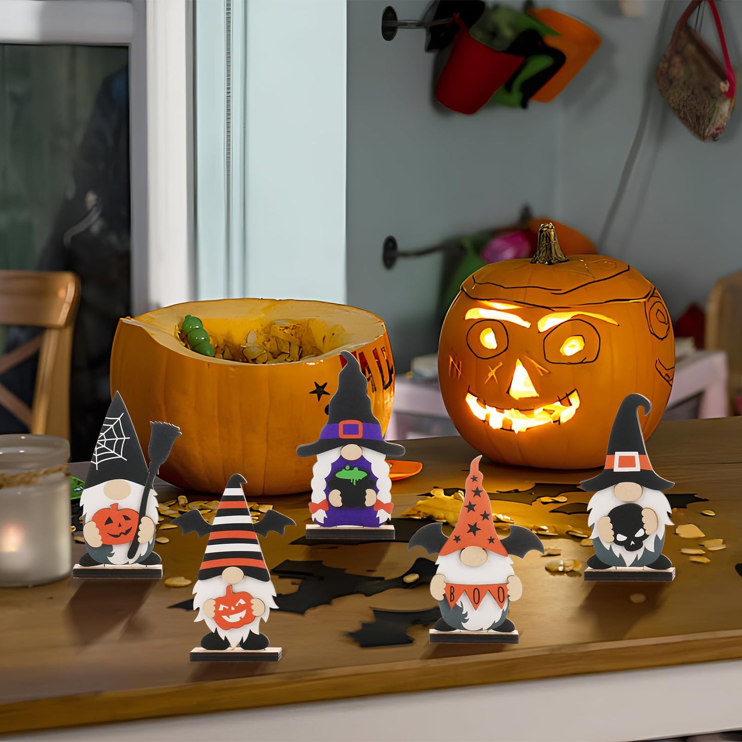 SY Super Bang 5pcs Halloween Wooden Decorations, Halloween Tabletop Centerpiece Gnome Decoration, for Home Indoor Holiday Party Decor Supplies.