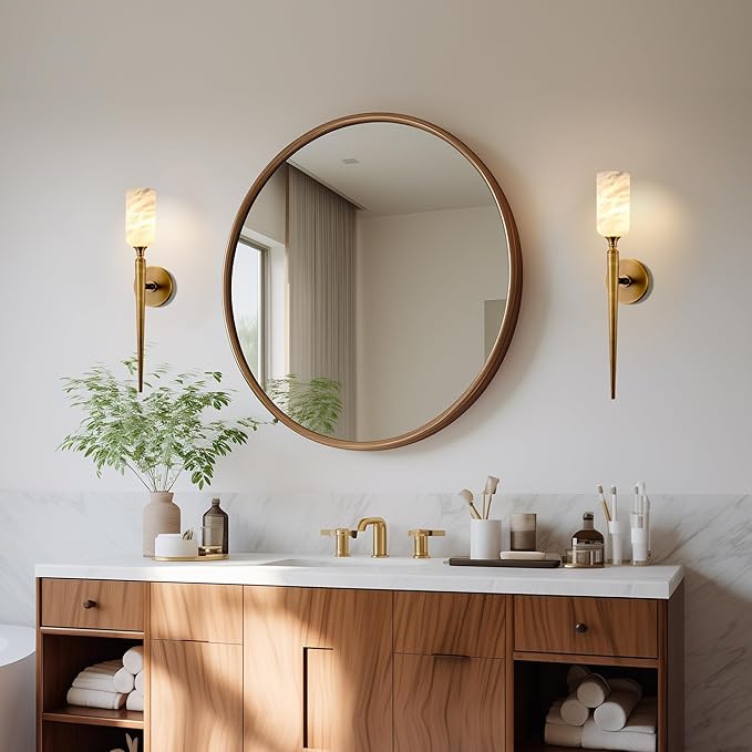 Alabaster Wall Sconce Set of 2, 22in Modern Brass Spanish Natural Marble Bathroom Vanity Sconces, Indoor Gold Wall Lighting Fixtures Decor for Bedroom Living Room Staircases