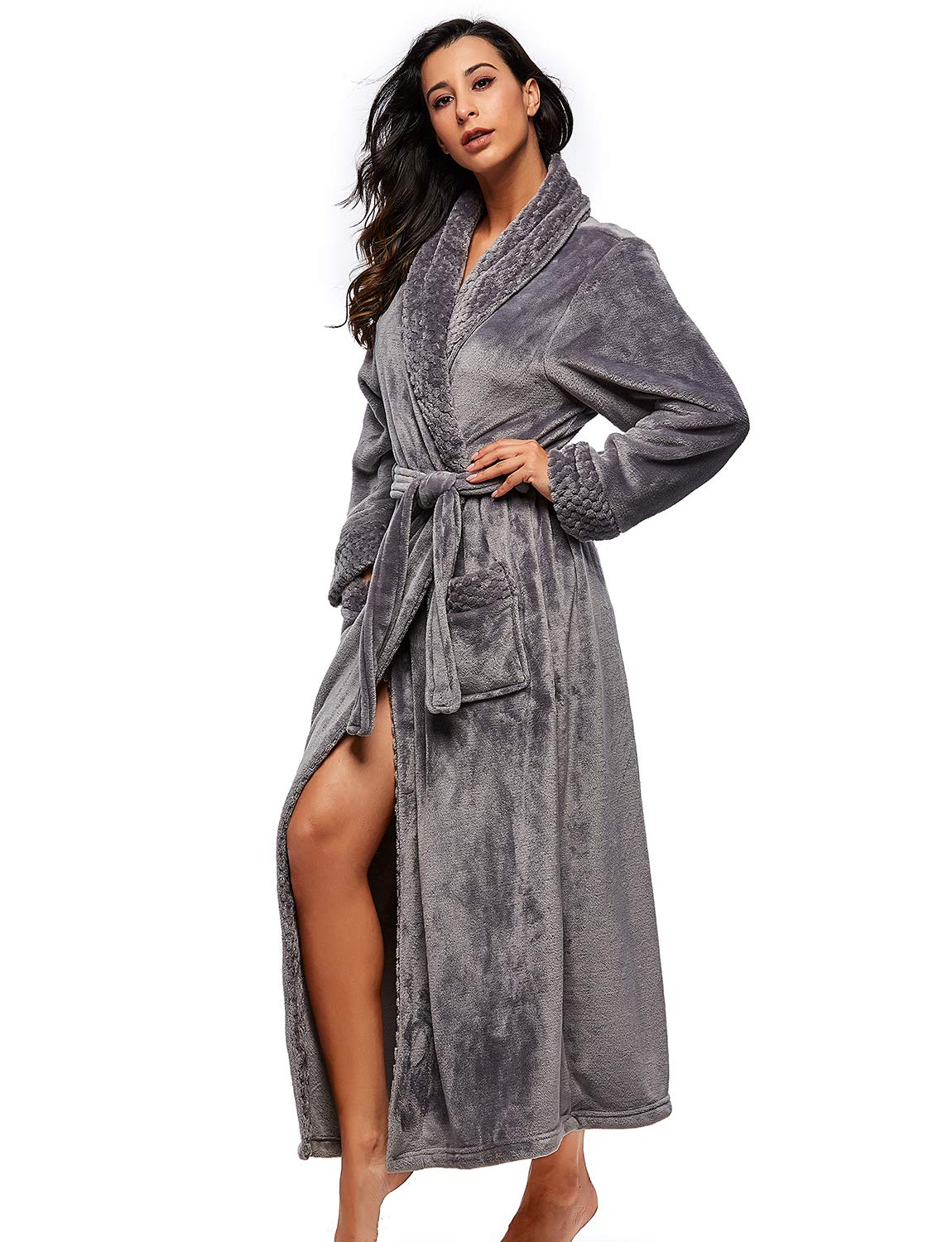 BELLOO Unisex Flannel Dressing Gown Cozy Coral Fleece Bathrobe Long Style, Grey XL