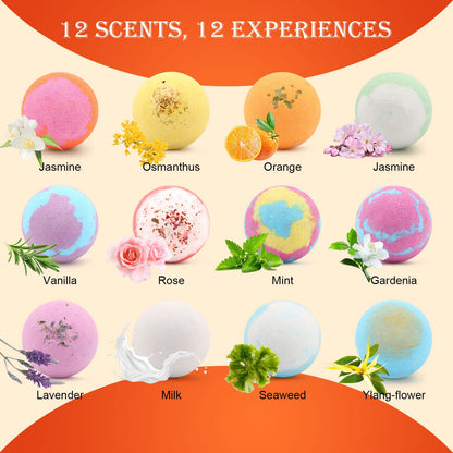 KASTU Bath Bombs Salt Balls,12 PCS Gift Set,Vanilla Menthol Rose Extract Essential Oils,Moisturizing Dry Skin,Fizzy Spa,Relaxing,Bubble Bath Bomb Gifts Idea for Men Women