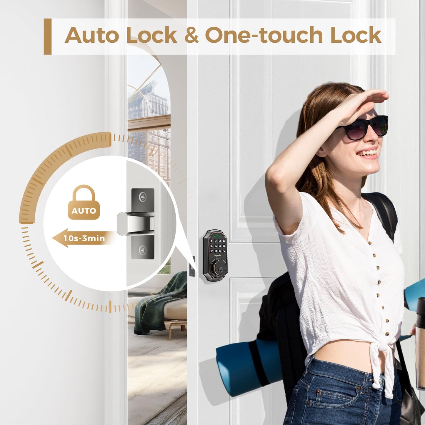 Arpha Keyless Entry Door Lock, WiFi Smart Keypad Front Door Deadbolt, Supports Amazon Alexa Voice Control, Google Assistant, Online App Control, Anti-Peeping Password, One-Time Code, Auto Lock