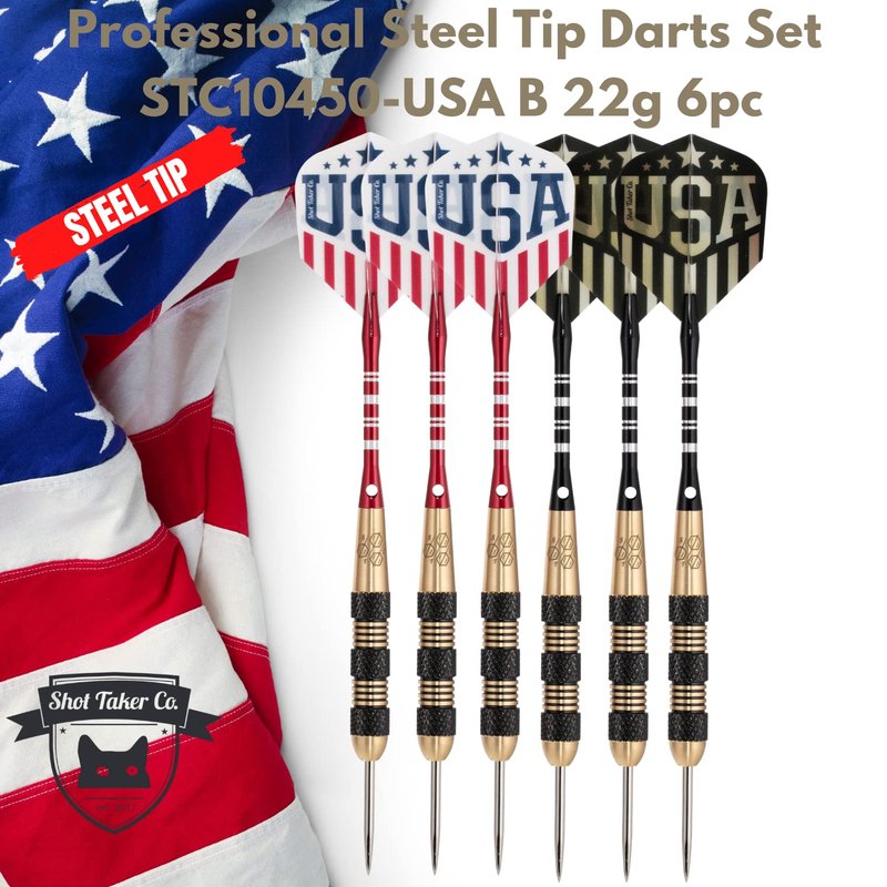 Steel Tip Darts Set - Professional Darts Steel Tip for Dartboard - Includes Brass Barrels + Plastic & Aluminum Shafts + Rubber O'Rings + Flights + Darts Sharpener + Wrench (22g-USA B-STC10450)