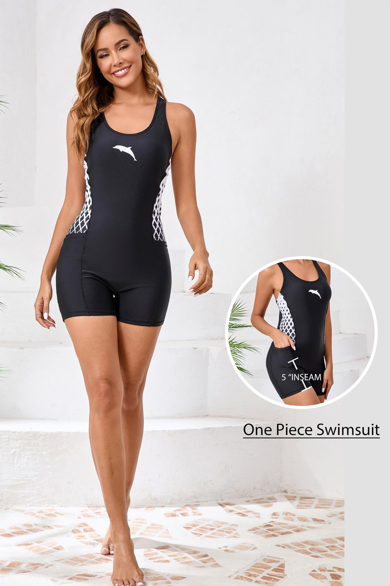 Halcurt Women's Boyleg One Piece Swimsuit with Pocket Racerback Athletic Bathing Suit Black Lozenge M