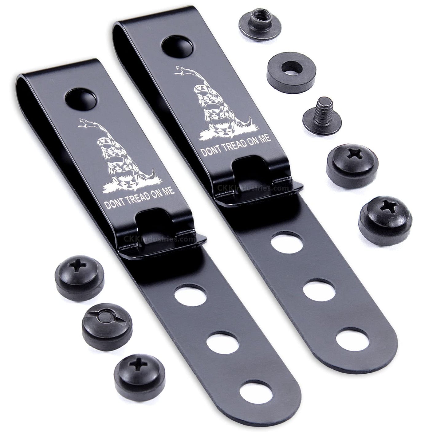 HolsterSmith Universal Metal Belt Clip for Holster Making - (Model 5) - (3-Hole) - (Tactical Black) - (w/Don’t Tread On Me Engraving) - (w/Mounting Hardware) - (2 Pack)