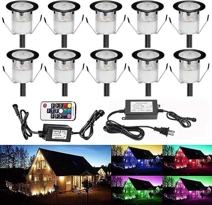 Low Voltage LED Deck Light Kit Multi-Color RGB Waterproof Recessed Wood Decking Stairs Garden Yard Patio Decor Lamp Black Border Outdoor LED Landscape Lighting (10pcs)