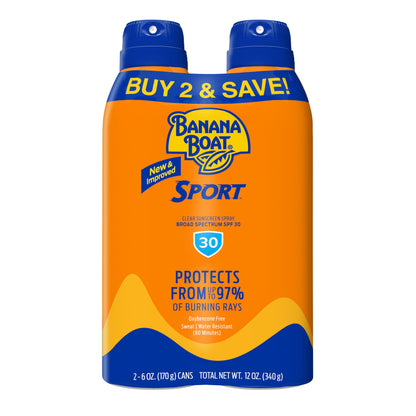 Banana Boat Sport Ultra SPF 30 Sunscreen Spray Twin Pack | Banana Boat Sunscreen Spray SPF 30, Spray On Sunscreen, Water Resistant Sunscreen, Oxybenzone Free Sunscreen Pack, 6oz each