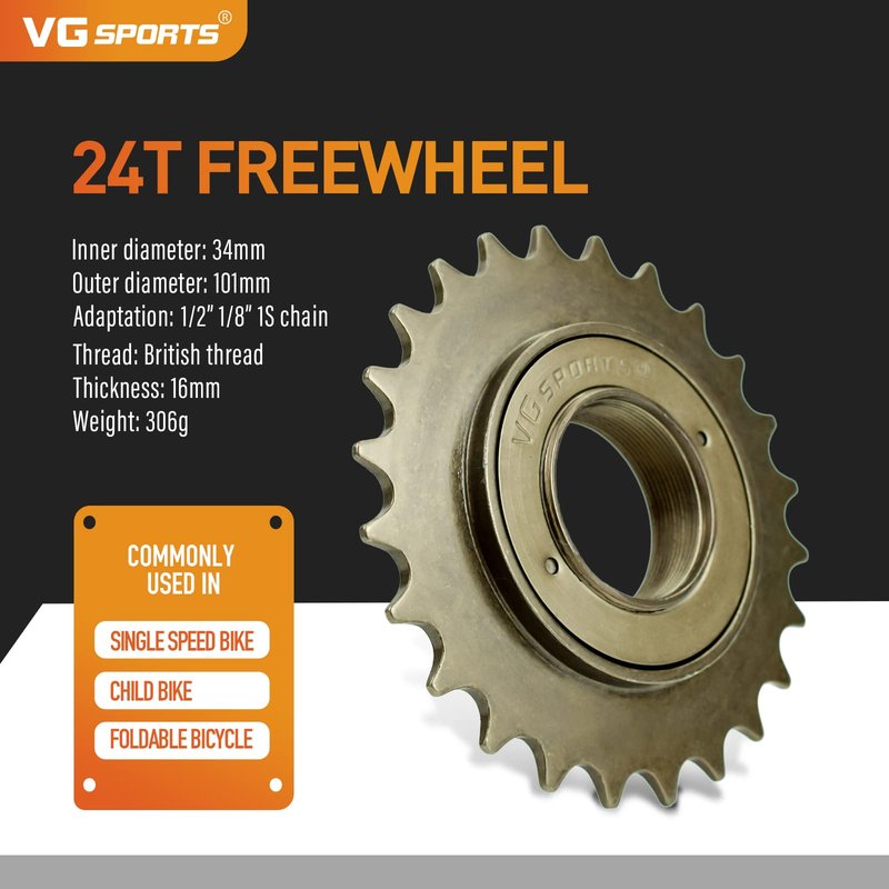 VG SPORTS Single Speed Bike Freewheel, 24T Compatible with 1/2' x 1/8' Bicycle One-Speed Freewheel Threaded Type Freehub Replacement Parts (Brown)