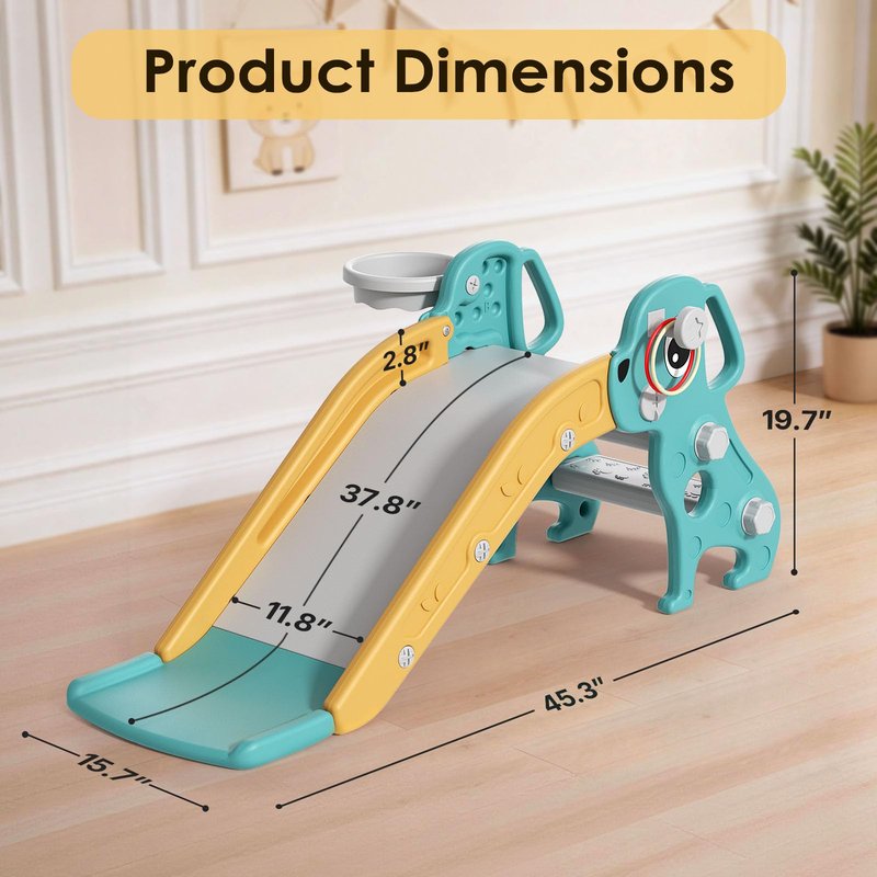 BIERUM 4 in 1 Toddler Slide, Kids Slide for Indoor Outdoor Playground, Slides with Basketball Hoop & Ring Toss, Puppy Shaped Playset for Toddlers Age 1-3, Green Yellow