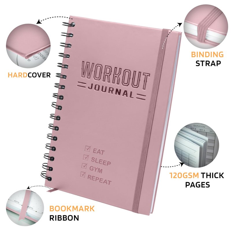 Nextnoid Hardcover Workout Planner Fitness Journal for Women & Men - A5 Sturdy Workout Log Book to Track Gym & Home Workouts - Pink