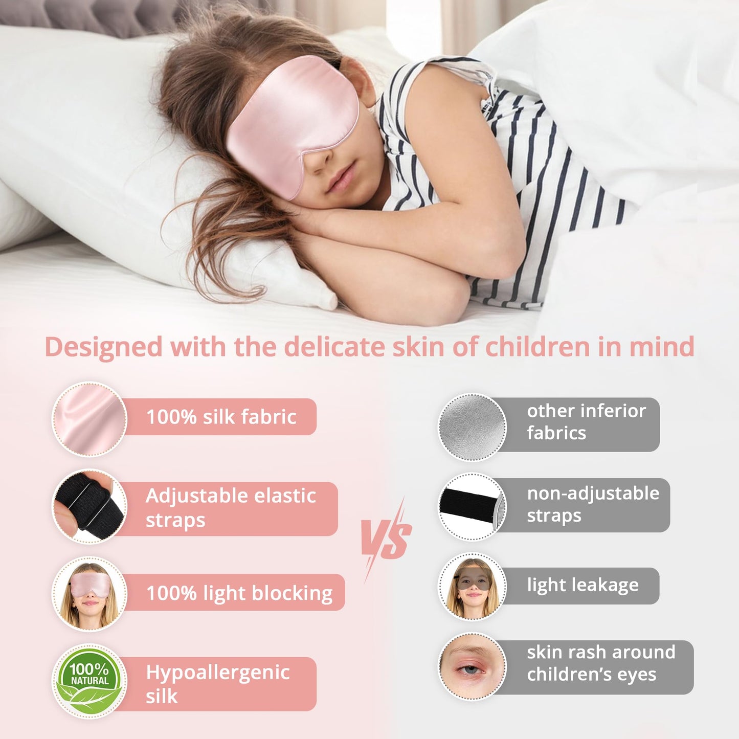 Kids Sleep Mask Eye Cover, 100% Real Natural Pure Silk Eye Mask with Adjustable Strap, Blindfold Kids Eye Mask for Sleeping, Eye Shade for Boys Girls and Adult, Pressure-Free Comfort (Black)