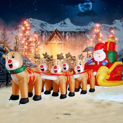 DomKom 12 FT Christmas Inflatable Outdoor Santa Claus on Sleigh with Five Reindeer, Building LED Lights, Blow Up Yard Decoration for Party Garden Lawn Winter Decor