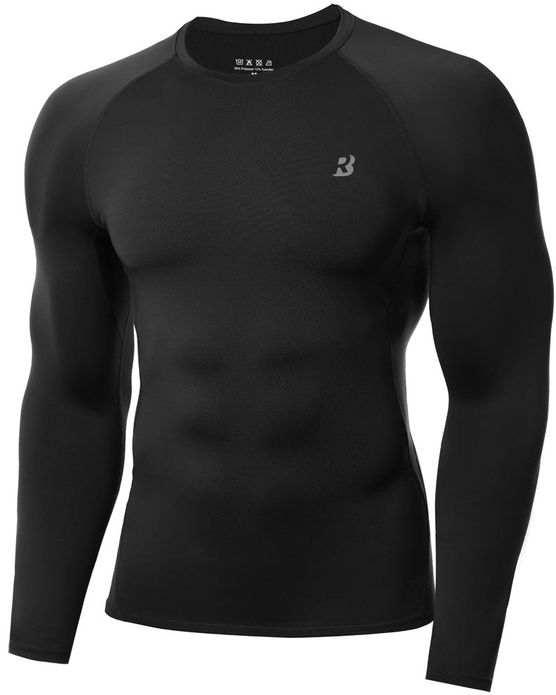 Roadbox Mens Compression Shirt, Cool Dry Long Sleeve Workout Shirts, Running Athletic Football Gym Base Layer Tops UPF 50+ Black