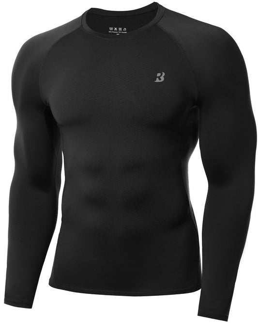 Roadbox Mens Compression Shirt, Cool Dry Long Sleeve Workout Shirts, Running Athletic Football Gym Base Layer Tops UPF 50+ Black