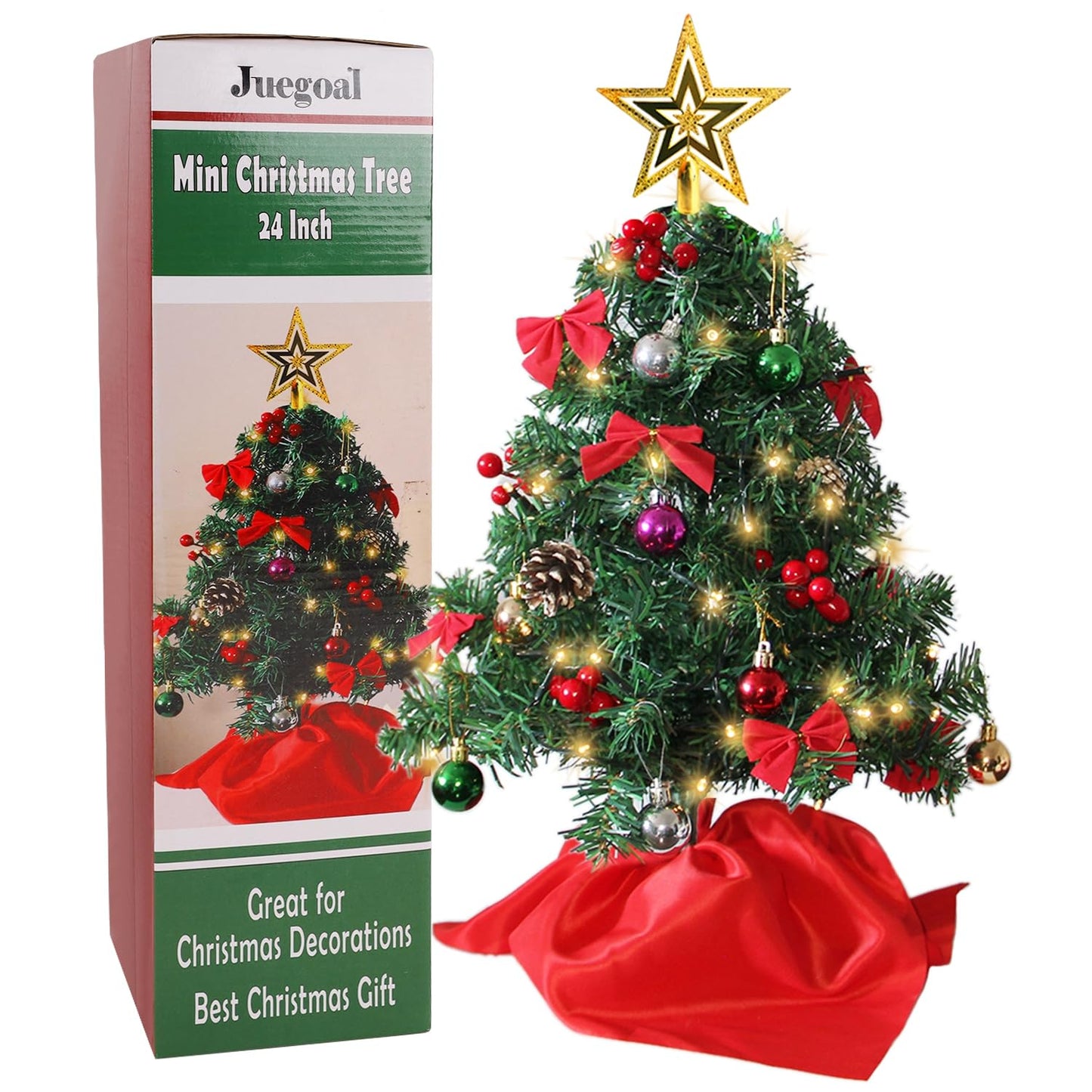 Juegoal 24 Inch Mini Christmas Tree Set, Table Top Artificial Christmas Trees with 50 LED Lights, Ornaments and Red Berries, Best DIY Christmas Decorations