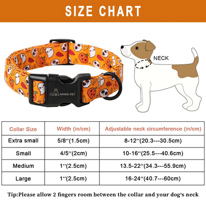 ARING PET Halloween Dog Collar, Cute Orange Ghost Pumpkin Leaves Cotton Lightweight Pet Collars with Quick Release Buckle for Puppy Small Medium Large Boy Girl Dogs-M