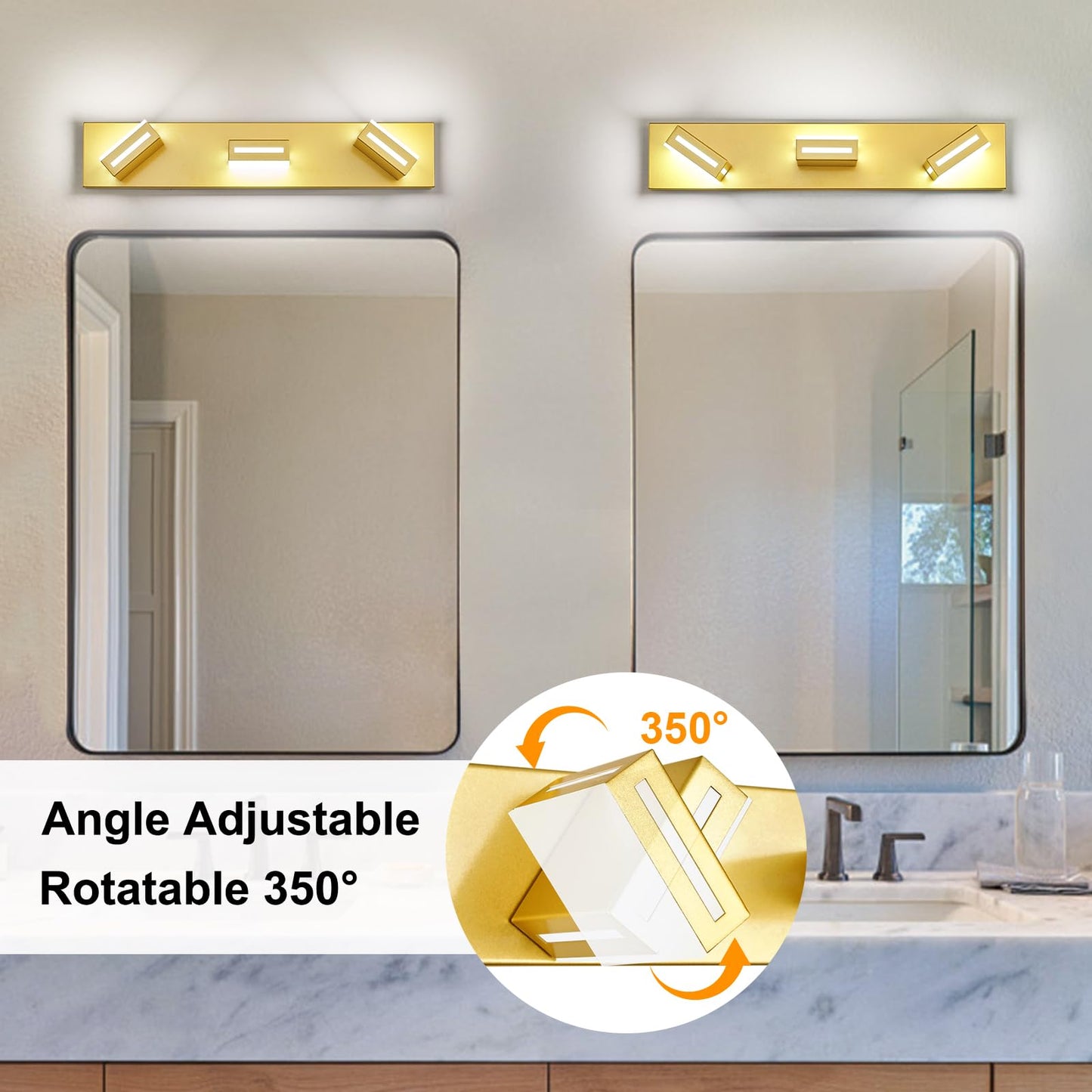 Donrao 24-Inch 3-Light LED Modern Gold Bathroom Vanity Light Fixtures Over Mirror, Bathroom Lighting Fixtures with Cool White 6000K, Vanity Wall Lights for Bath Restroom Powder Room