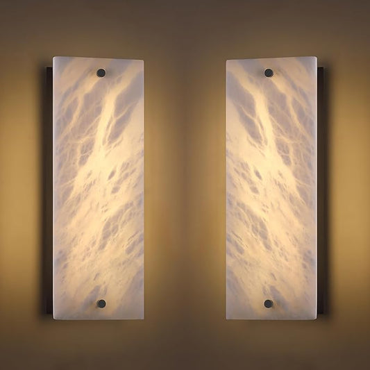 2 Pack 2 Light 15" Alabaster Marble Bathroom Wall Sconce Modern Concise Style Wall Light Fixture,Black Finish for Bedroom Hallway Bedside