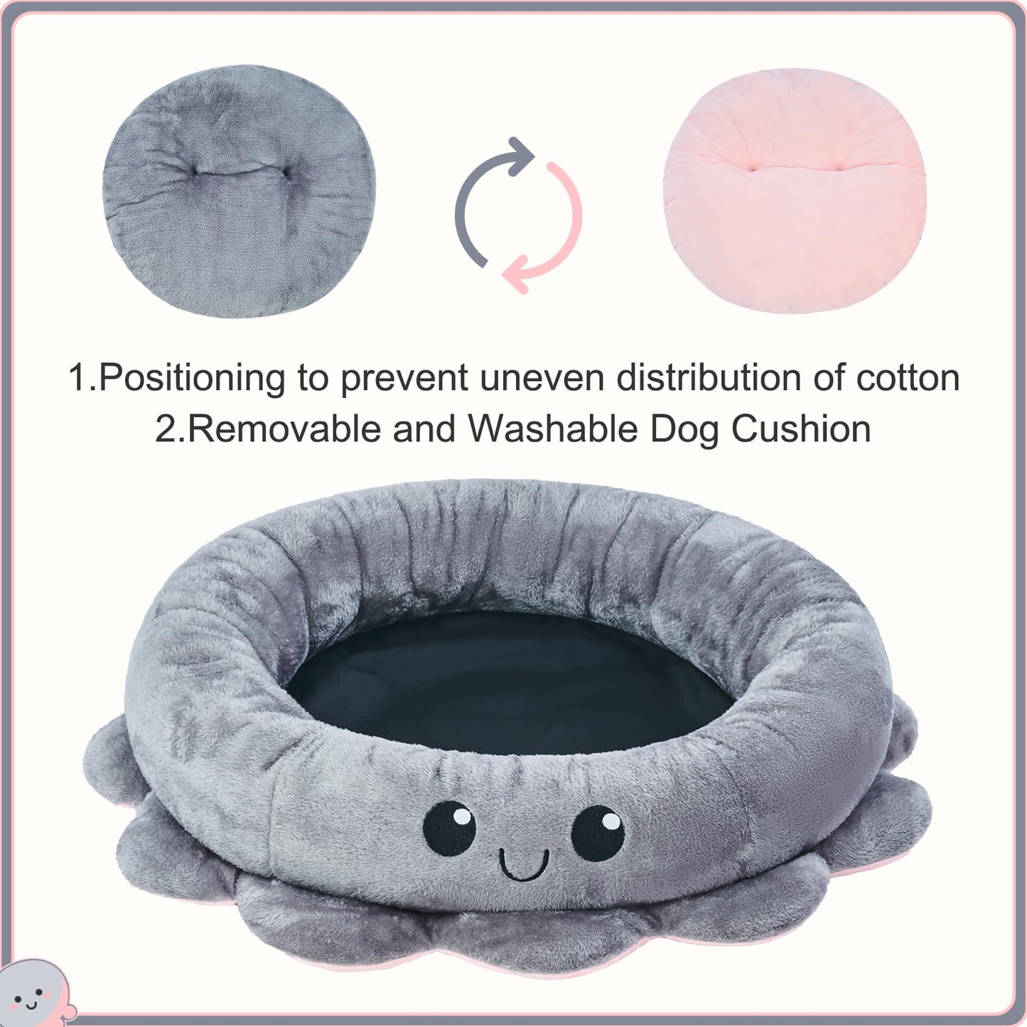 Jiupety Cute Calming Dog Beds Clearance for Medium Small Dogs, Anxiety Bolster Dog Bed with Octopus Shape, Grey, M, Boho, Round Pet Bed Cat with Removable Cushion