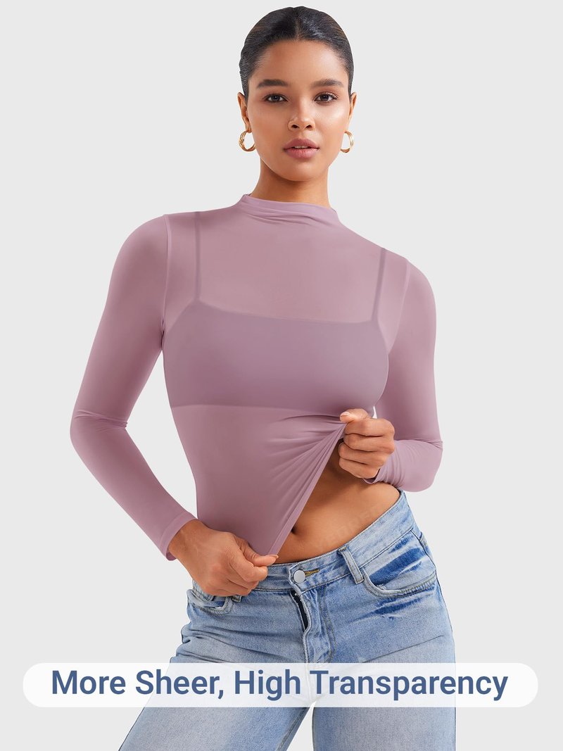 YEOREO Womens Sheer Tops Long Sleeve See Through Tops Mock Neck Slim Fit Workout Shirt Jamy Going Out Sexy Shirts Lilac Smoke M