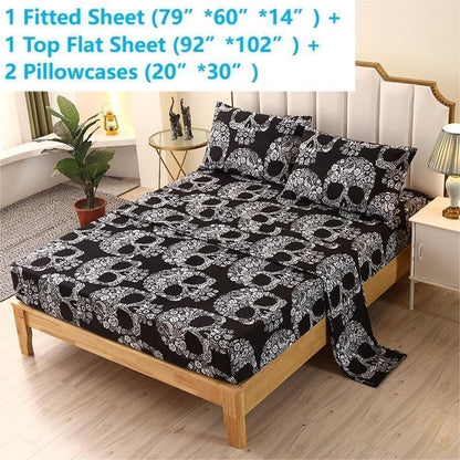 SDIII 4PCS Sugar Skull Queen Sheet Set, Soft Microfiber Gothic Queen Sheets Set Skeleton Printed, Goth Halloween Sheets Queen Deep Pocket Hotel Luxury