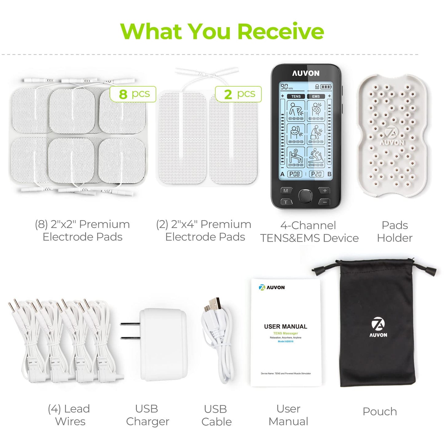 AUVON 4 Outputs TENS Unit EMS Muscle Stimulator Machine for Pain Relief Therapy with 24 Modes Electric Pulse Massager, 2" and 2"x4" Electrodes Pads, Black