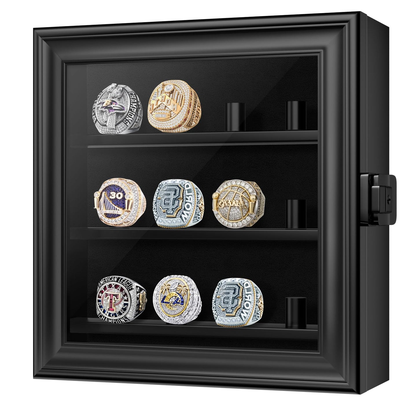 Championship Ring Display Case, 12 Ring Posts Baseball Ring Holder, Wall Mount Wooden Shadow Box for Multiple Championship Rings