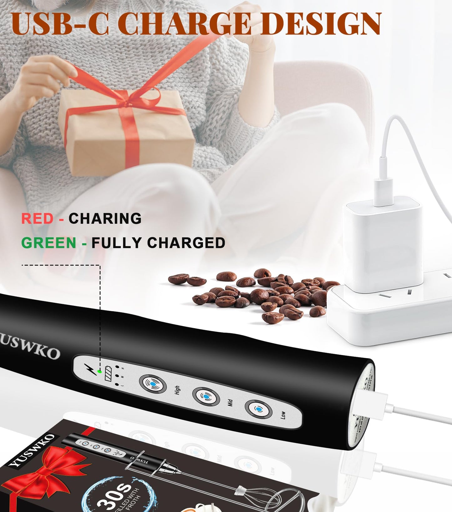 YUSWKO Black Handheld Milk Frother Wand for Coffee, Rechargeable Electric Whisk with 3 Heads 3 Speeds Drink Mixer Coffee Frother For Latte, Cappuccino, Hot Chocolate, Egg