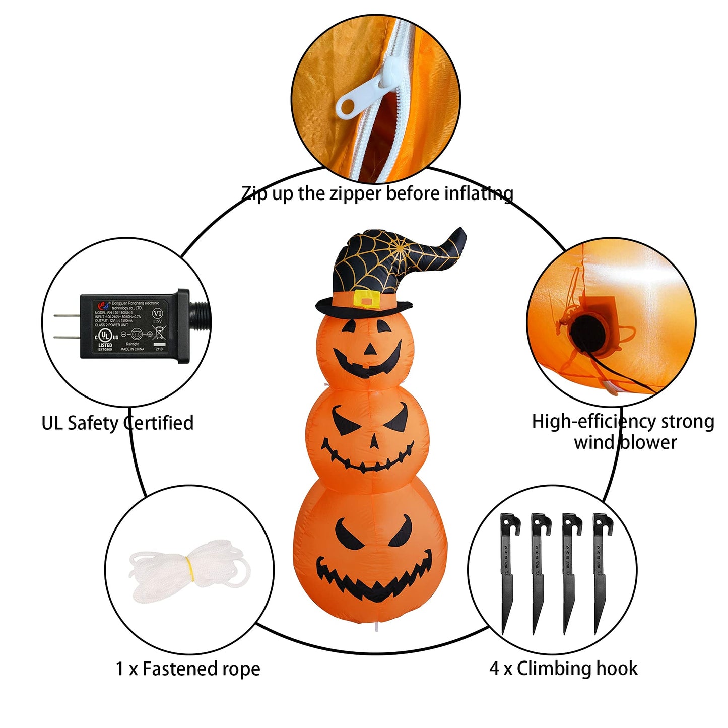 Hourleey 5 FT Halloween Inflatables Outdoor Stacked Pumpkins with Witches Hat, Halloween Blow Up Yard Decorations with Built-in LED Lights for Indoor Outdoor Party Garden Lawn Holiday Decor