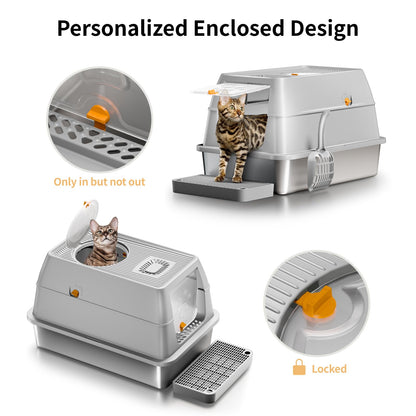 Eosarcu Stainless Steel Cat Litter Box with Lid, XL Large Enclosed High Sided Litter Box with Removable Lid, Carbon Filters -Odor Free, Easy Cleaning, Anti-Urine Leakage for Big Cats/Multiples-Grey