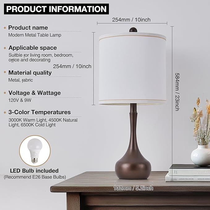 23" Brown Metal Modern Table Lamp Set of 2,Farmhouse Bedside Lamps for Living Room, 3 Color Temperature Rustic Table Lamps for Bedroom, Night Stands, Dorm,Office, Home Décor (Bulb Included) ﻿