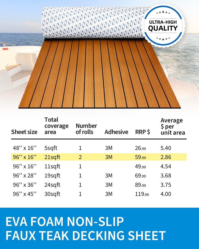 OCEANBROAD Self-Adhesive 48''x16.8'' Boat Flooring with 3M Adhesive Backing EVA Foam Boat Decking Faux Teak Marine Non-Slip Sheet for Jon Motor Boats Yacht Helm Pad Floor, Brown with Black Seam Lines