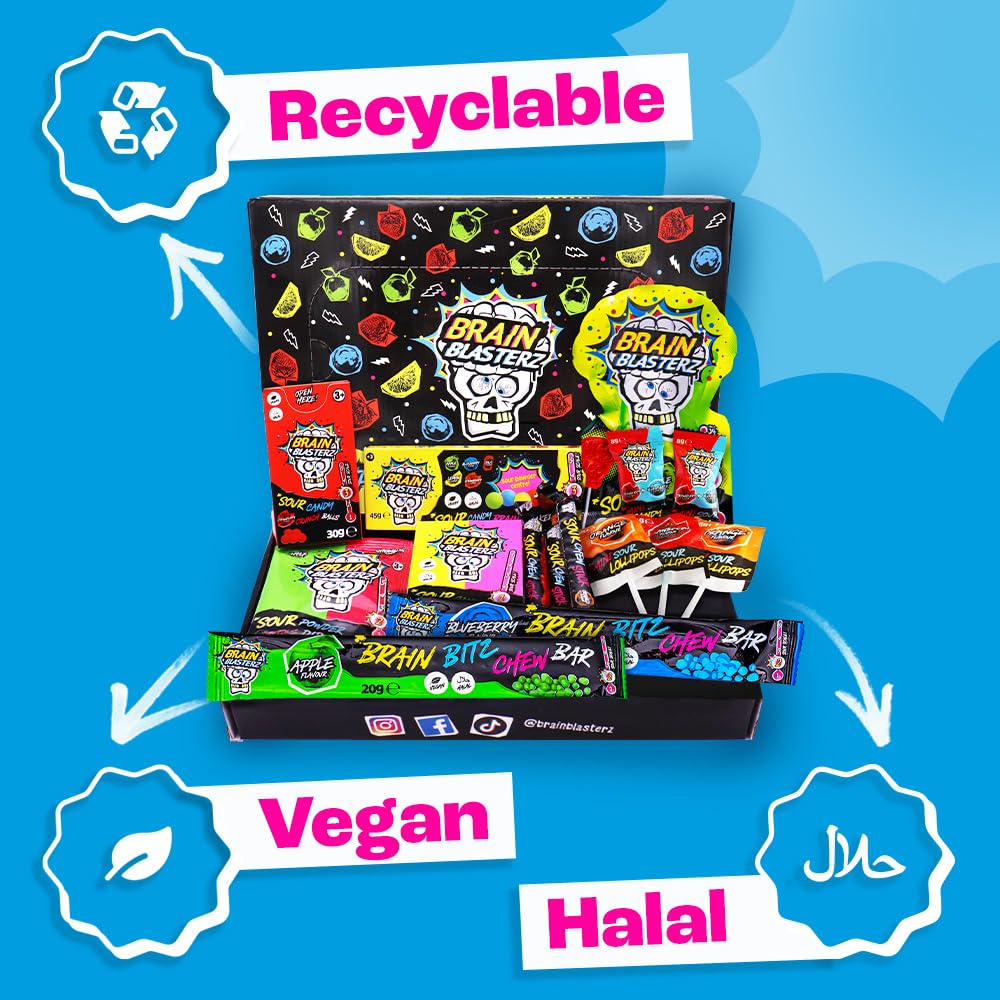 Brain Blasterz TREAT Sour Candy Variety Pack, Vegan Candy, Sour Chew Bar, Halal Candy, Sour Candy Gift Box w/ 15 pcs (13oz), Unique Candy Variety Pack, Lollipop, Sour Powder, Taffy, Halloween Candy