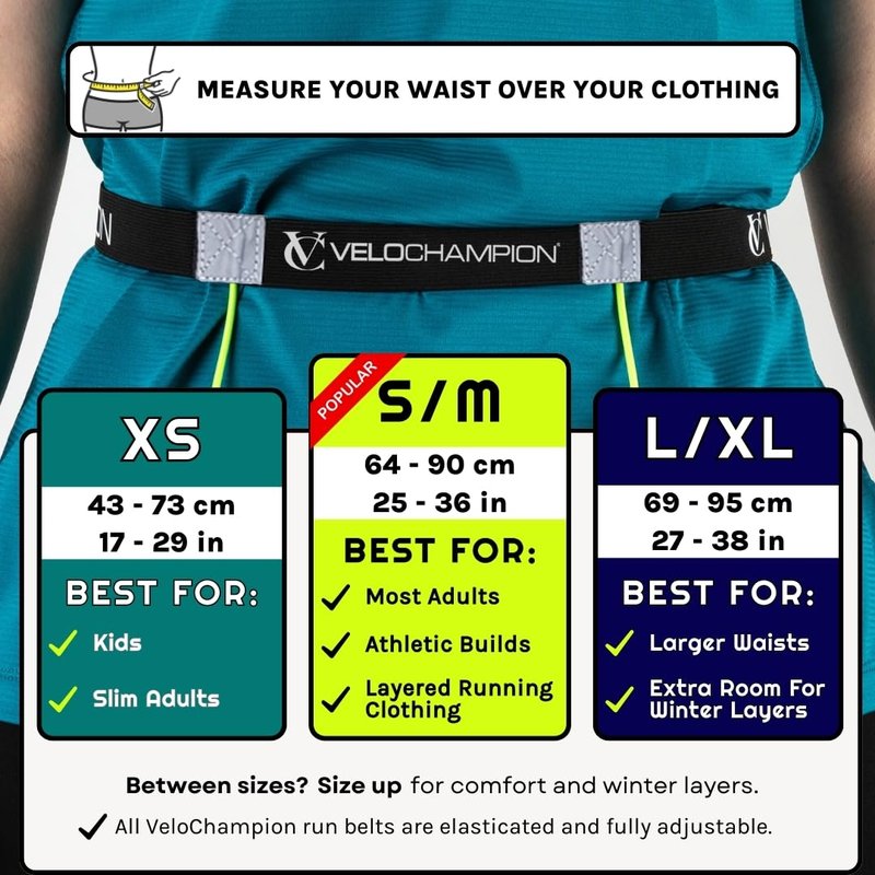 VeloChampion Lightweight Running Belt Waist Pack for Men Women - Elasticated Stretch Fit Race Number Holder - No Pins - 3 Sizes - Run. Triathlon. Cycle. Marathon. Jogging (1, Medium)