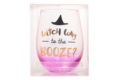 Pearhead Witch Way to the Booze Stemless Wine Glass, Fall and Halloween Home and Kitchen Accessory and Party Favor Idea, 15 oz