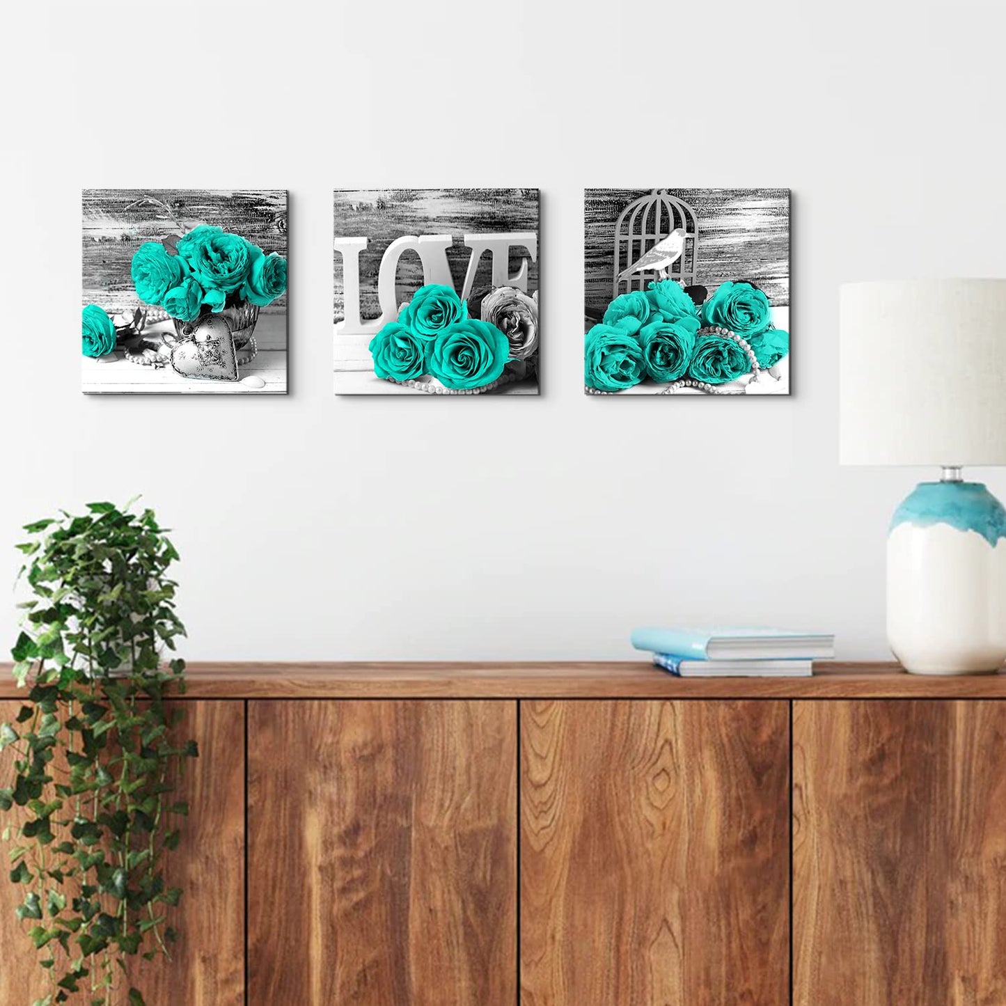Teal Bathroom Wall Decor Turquoise Teal and Grey Rose Wall Art for Bedroom Living Room Accessories Love Sign Aqua Green Flower Pictures Floral Poster Canvas Artwork Kitchen Home Decoration 12x12" 3