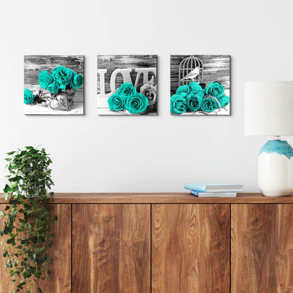 Teal Bathroom Wall Decor Turquoise Teal and Grey Rose Wall Art for Bedroom Living Room Accessories Love Sign Aqua Green Flower Pictures Floral Poster Canvas Artwork Kitchen Home Decoration 12x12" 3