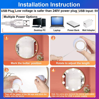Hollywood Style Mirror Lights Kit DIY, LED Vanity Makeup Lamp 14 Globe Bulbs Dimmable Stick on to Mirror USB with 3 Light Colors & 10 Brightness Levels for Dressing Table Room, Bathroom, Bedroom