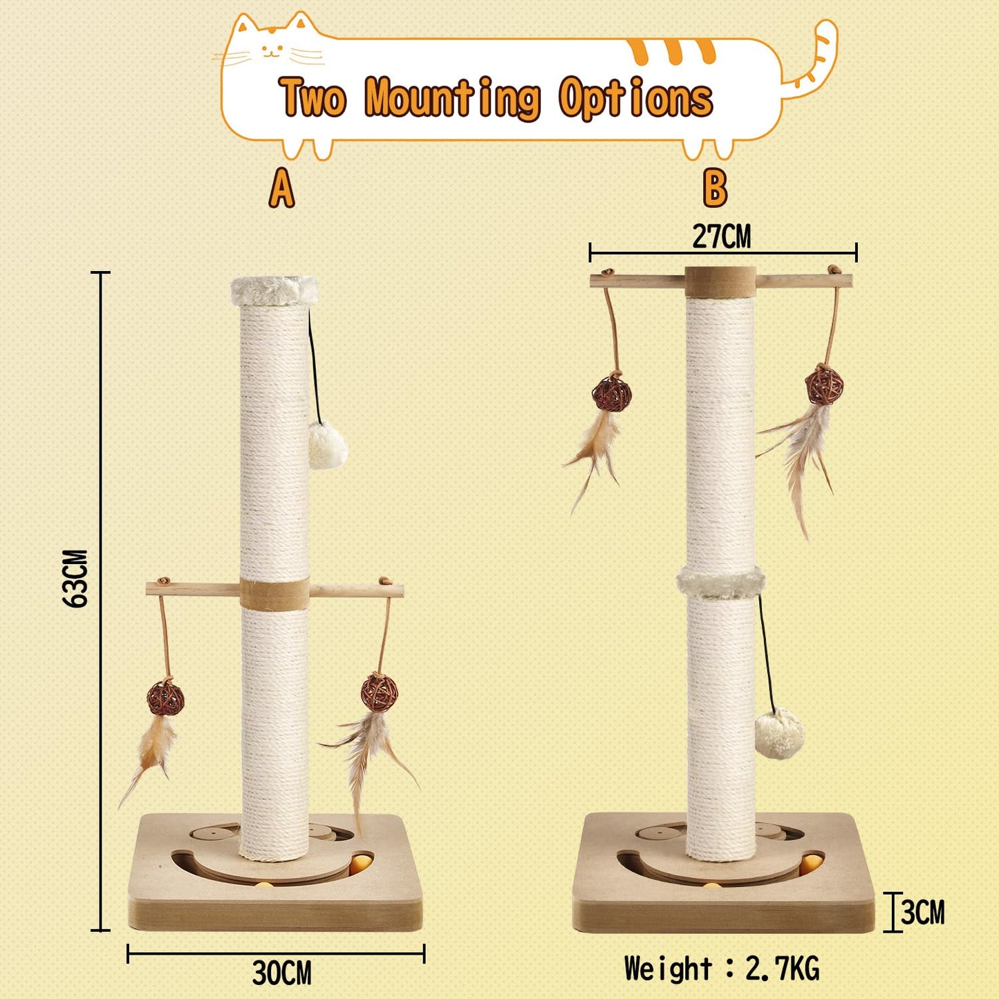 AUSCAT Cat Scratching Post with Multiple Interactive Toys, Vertical Sisal Cat Scratcher for Indoor Cats and Kittens- 63 cm 25 inches Beige