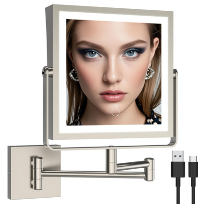 Ruacq Rechargeable Wall Mounted Makeup Mirror with Lights, Double Sided 1X/10X Magnifying Vanity Mirror with 3 Color Lighting, Touch Screen Dimmable, 360° Rotation Extension Foldable Arm(Matte Black)