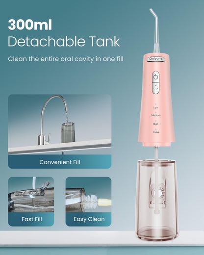 Onlyone Water Dental Flosser, 300ML Portable Oral Irrigator for Teeth, 4 Modes and 5 Jet Tips,Rechargeable Irrigation Cleaner,Electric Flossing Machine Power Flossers & Irrigator Accessories White