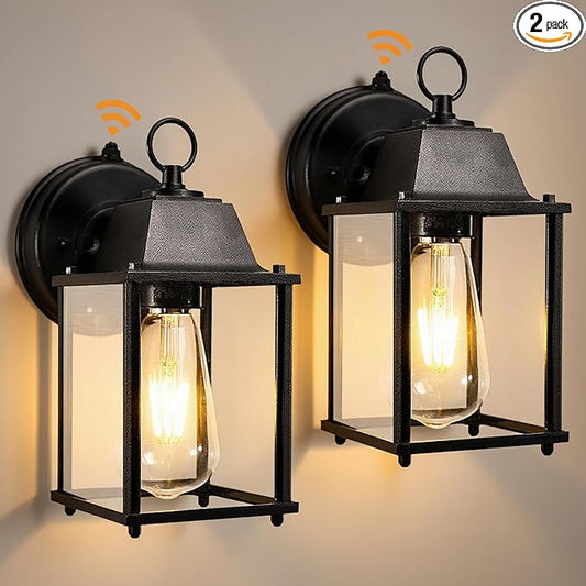 Dusk to Dawn Outdoor Wall Lights 2-Pack, Black Exterior Light Fixtures with Clear Glass, Waterproof Modern Porch Sconce Lanterns for Garage, Patio, Front Door, House (E26 Bulb Not Included)