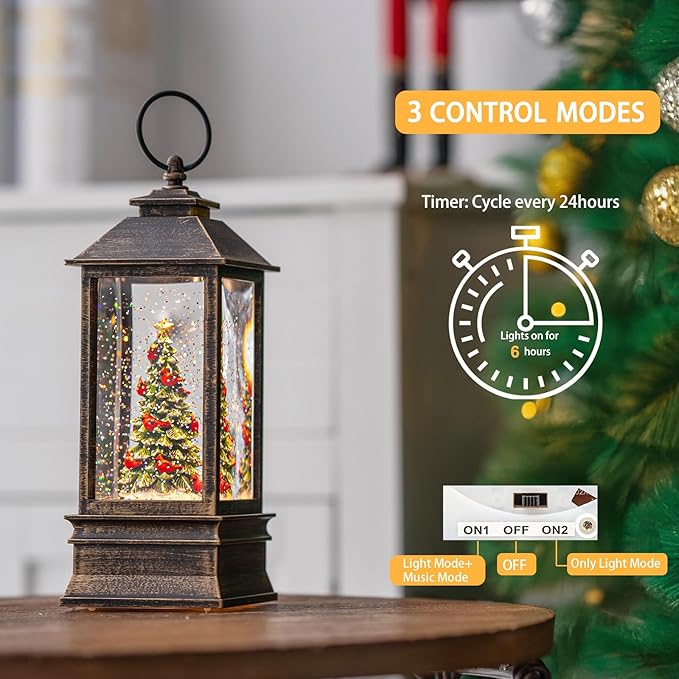 Christmas Snow Globe Lantern Water Glittering Christmas Tree with Music, USB Lined/Battery Operated Lighted Lantern for Christmas Festival Decoration Gifts