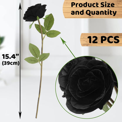 Hananona Black Artificial Roses for Flower Arrangement, 12 Pcs Silk Black Roses Bouquet for Halloween Home Decoration, Faux Black Roses for Halloween and Gothic Decoration