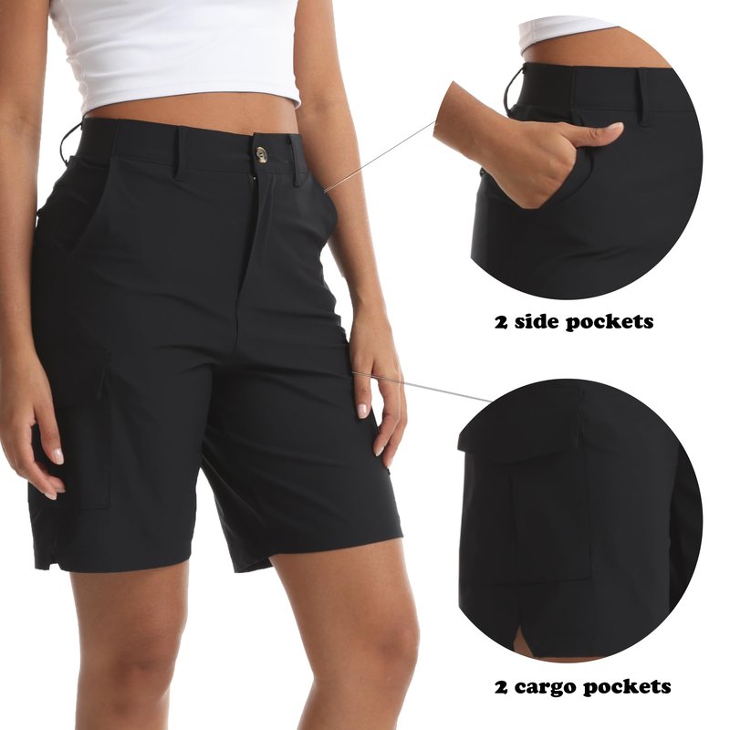Yoglegins Women's Lightweight Hiking Cargo Shorts for Running Athletic Camping Travel Golf - Water Resistant with 5 Pockets (Black, X-Large)